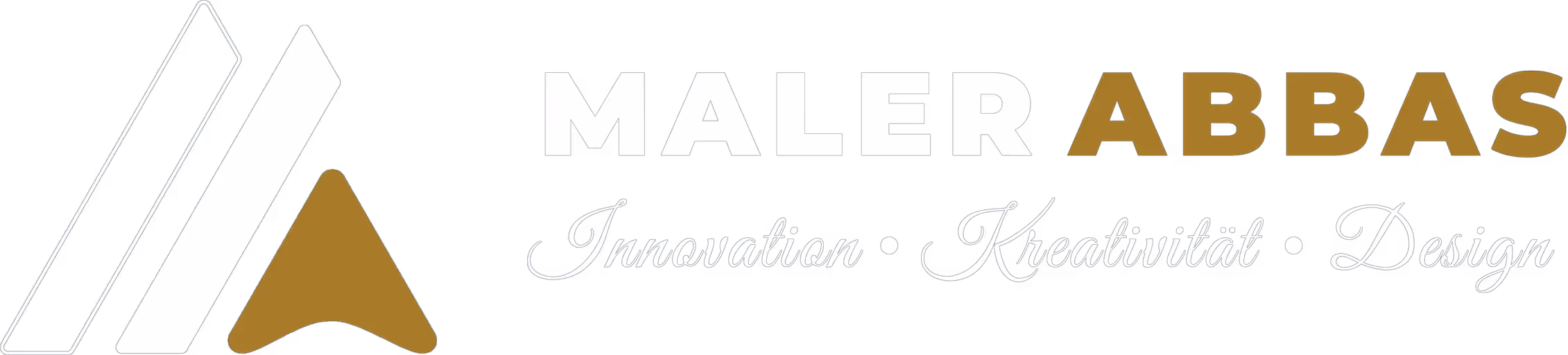 Logo mit drei diagonalen Formen in Weiß und Braun, daneben der Text ‚Maler Abbas‘ und darunter die Worte ‚Innovation · Kreativität · Design‘.